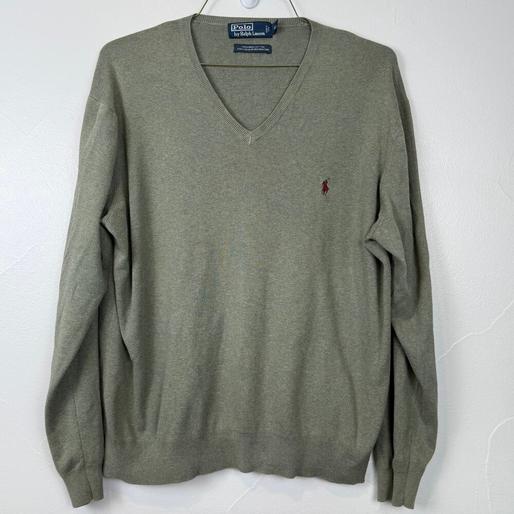 Polo Ralph Lauren V-Neck Sweater Men's XL Olive Green Pima Cotton Preppy